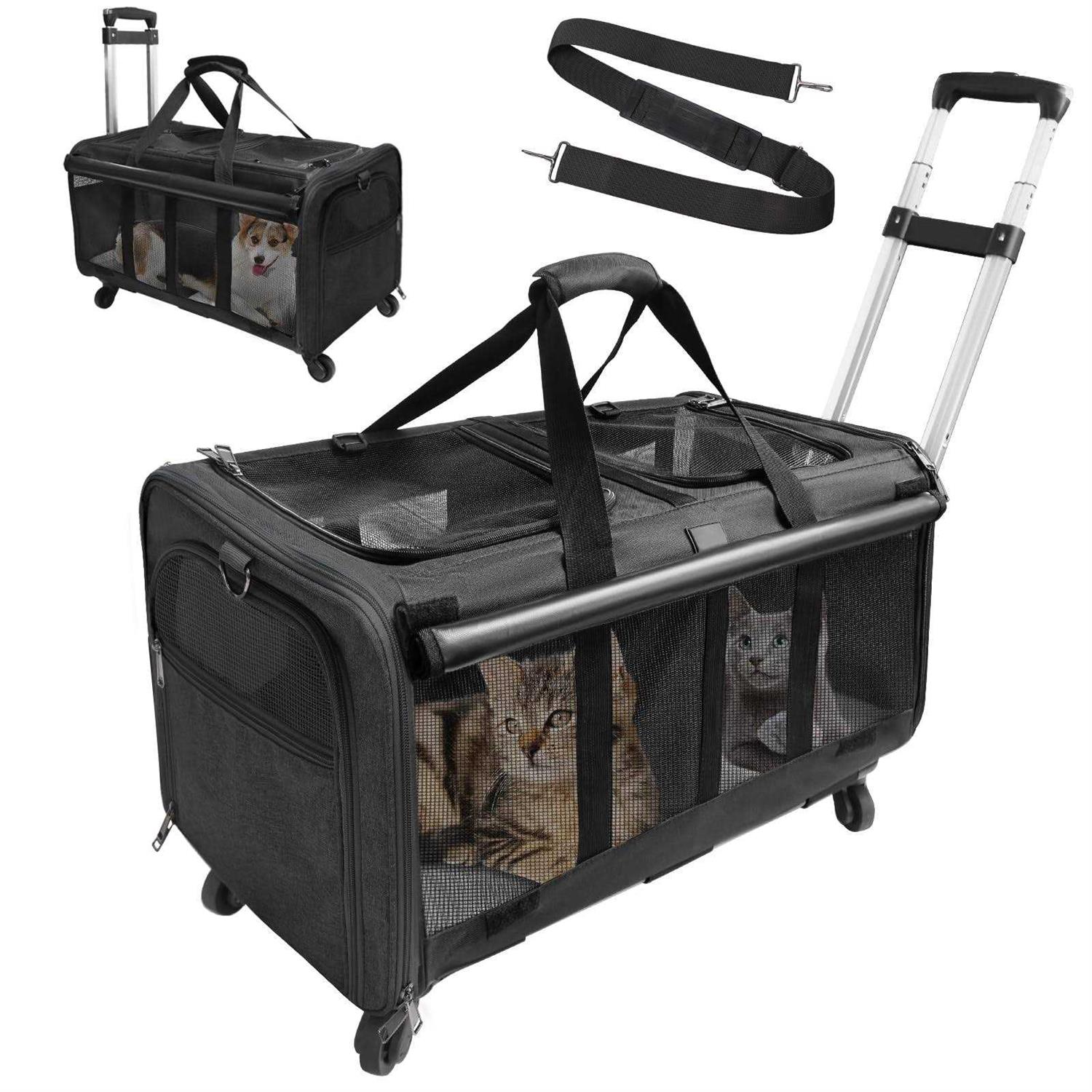 LIONROGE Double-Compartment Pet Rolling Carrier with Wheels for 2 Pets,Cat Rolling Carrier for 2 Cats,Super Ventilated Design,Ideal for Traveling - Healthber