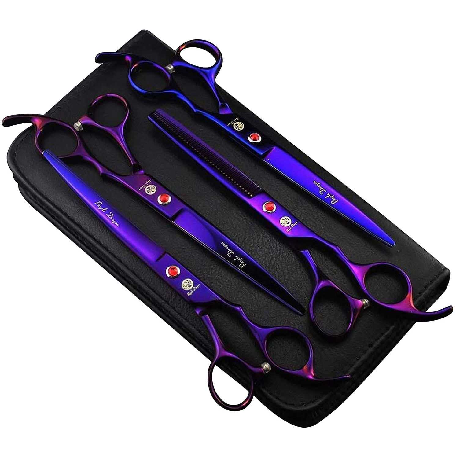 Purple Dragon Professional 7.0 inch 4PCS Pet Grooming Scissors Kit Japan Premium Steel Straight & Curved & Thinning Blade Dog Hair Cutting Shears Set - Healthber