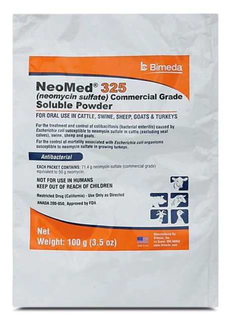 Rx Neomed 325 (neomycin sulfate commercial grade) Soluble Powder for Livestock, 100gm Bag - Healthber