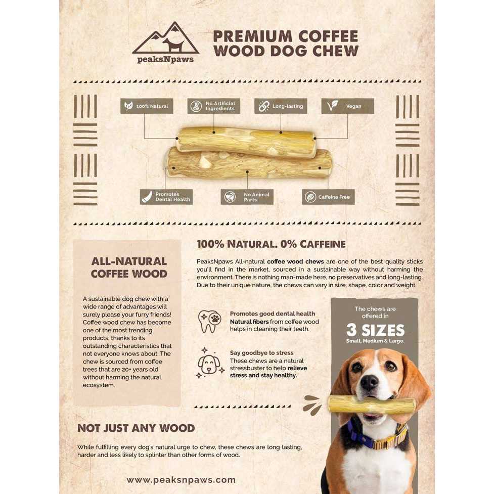 peaksNpaws All Natural Caffeine Free Coffee Wood Medium Dog Chews - Healthber