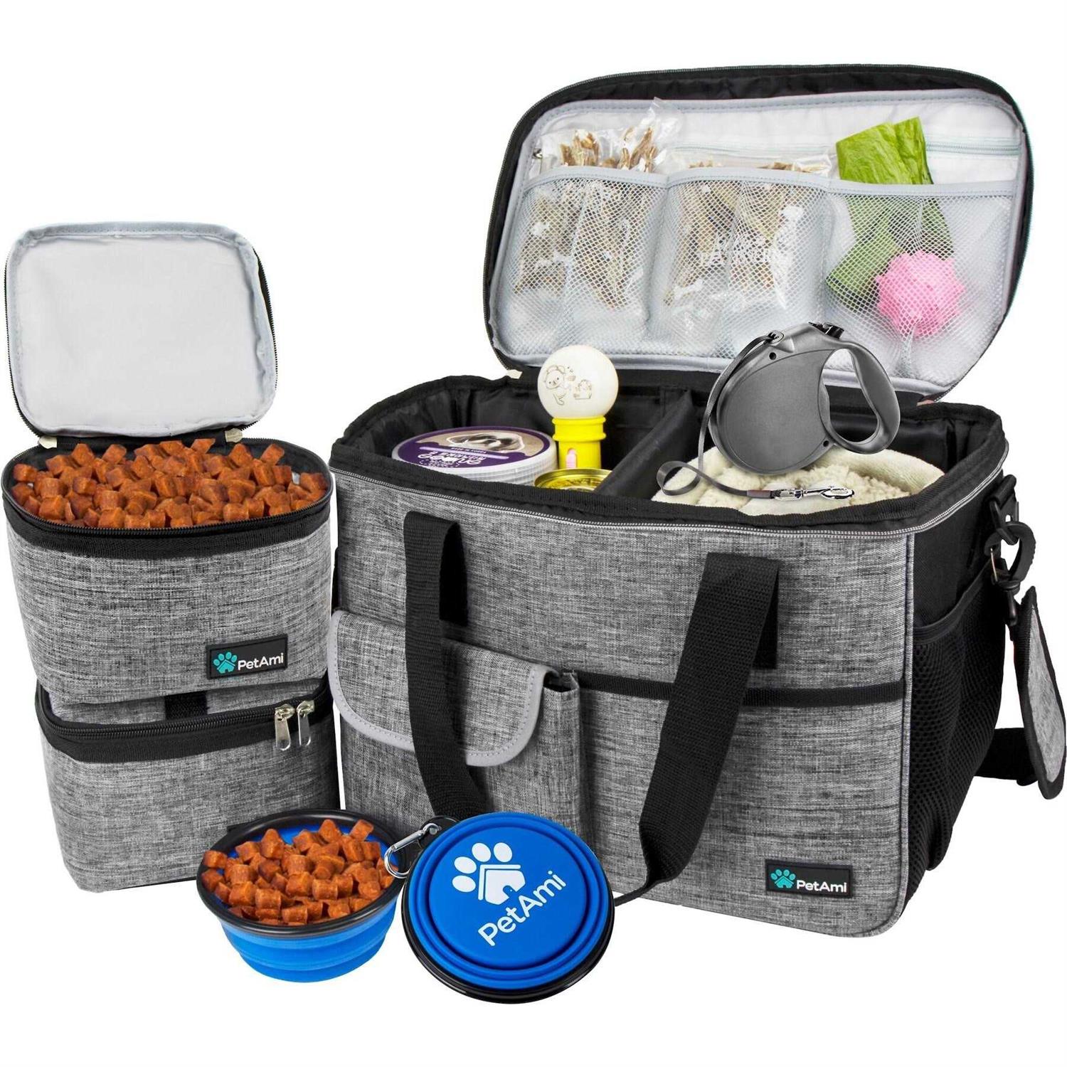 PetAmi Dog Travel Bag, Travel Pet Bag Organizer, Dog Food Travel Bag with Food container and Bowls - Healthber