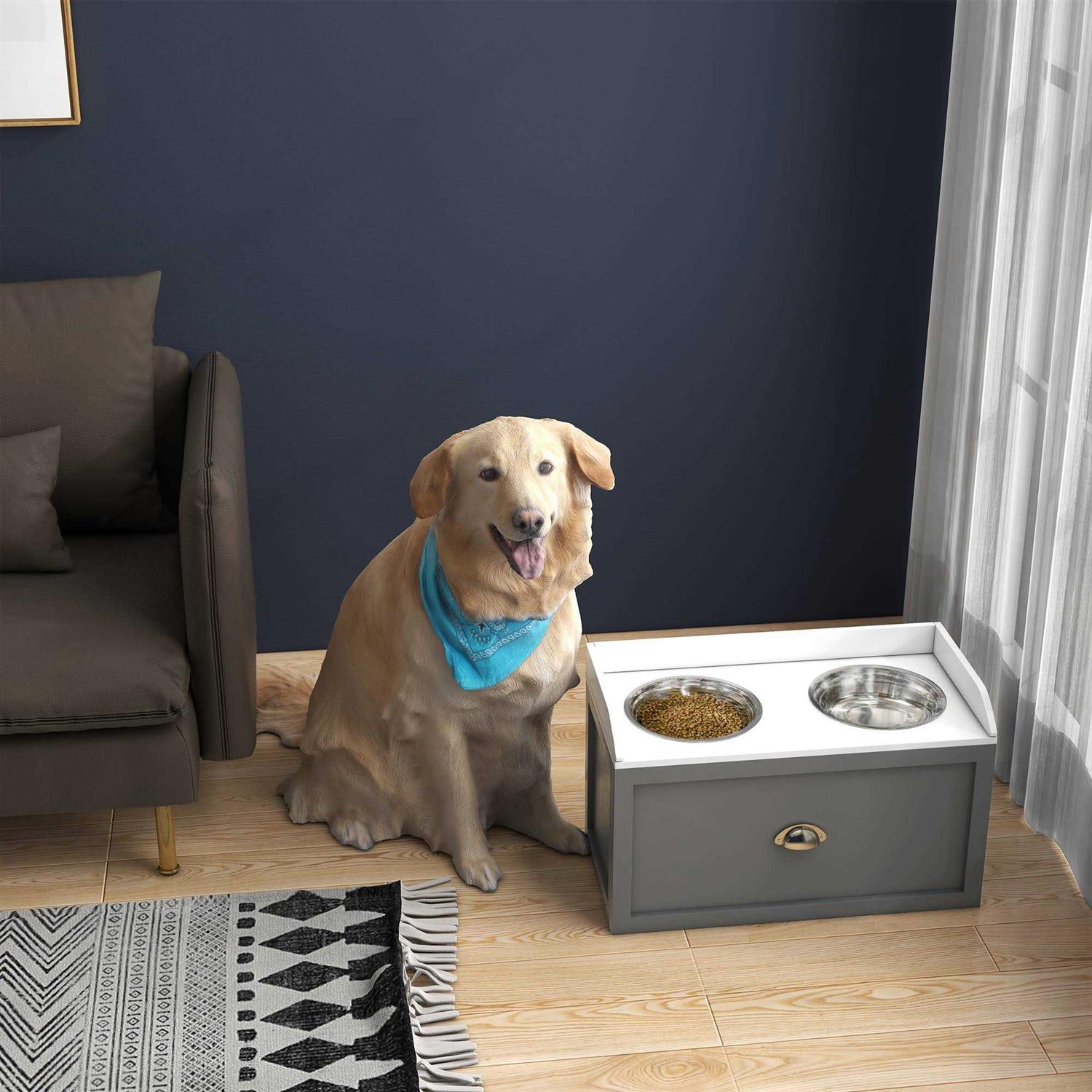 PawHut Large Elevated Dog Bowls with Storage Drawer - Healthber