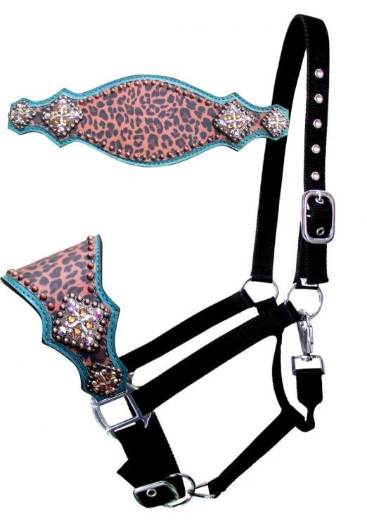 Showman Cheetah Bronc Halter, Cheetah/Teal - Healthber