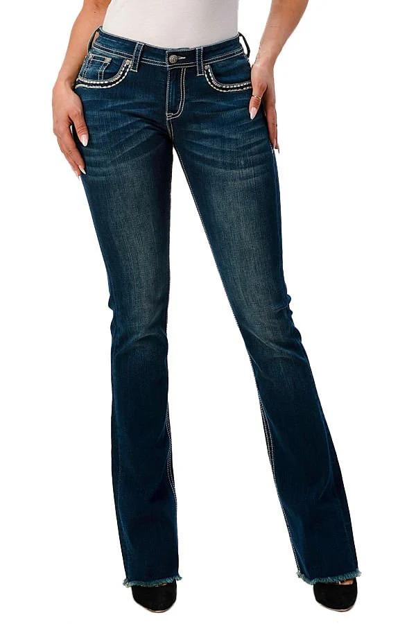 Grace in LA Floral Steer Head Embellished Mid Rise Bootcut Jeans - Healthber