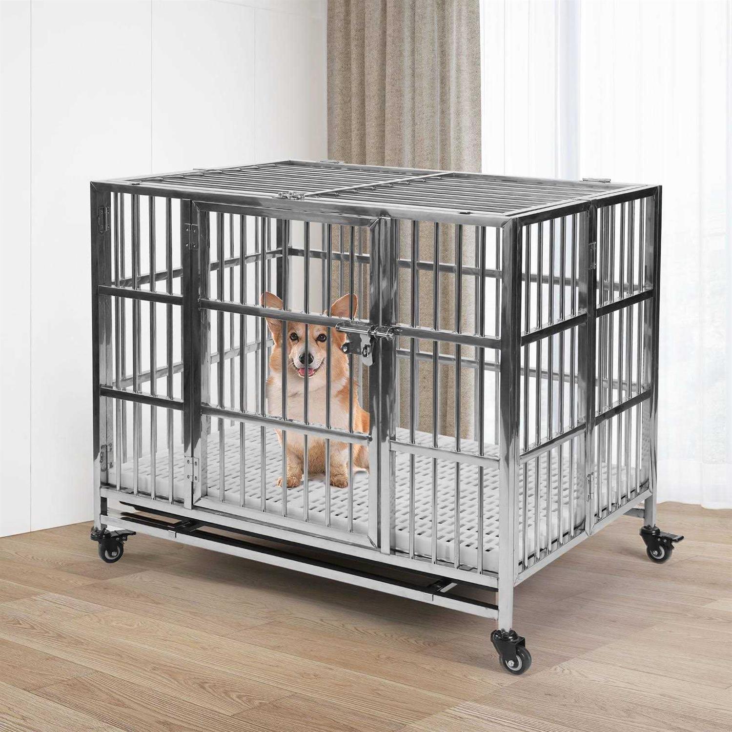 RYPetmia 38 Heavy Duty Stainless Steel Dog Cage Kennel Crate and Playpen for Training Large Dog Indoor Outdoor with Double Doors & Locks Design - Healthber