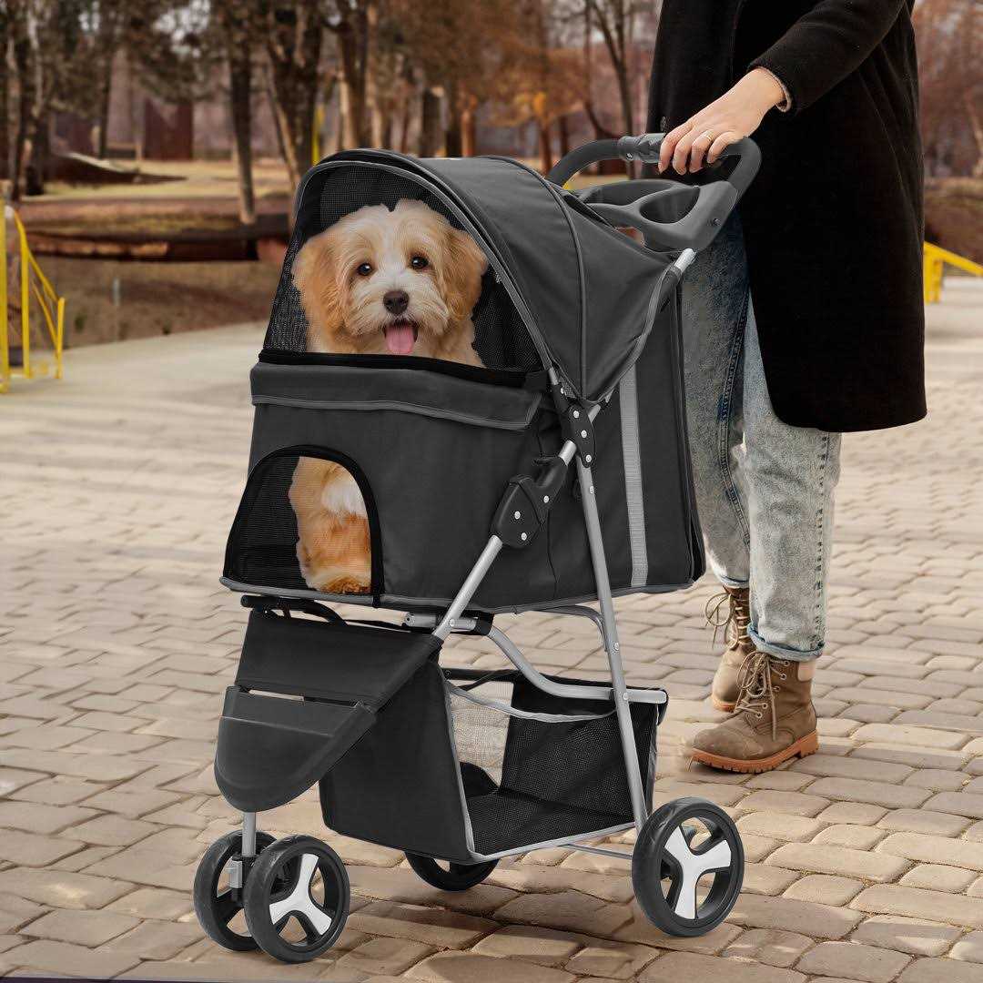 MoNiBloom Foldable Pet Stroller with Weather Cover, 3 Wheels Pet Small Dogs and Cats with Storage Basket and Cup Holder - Healthber