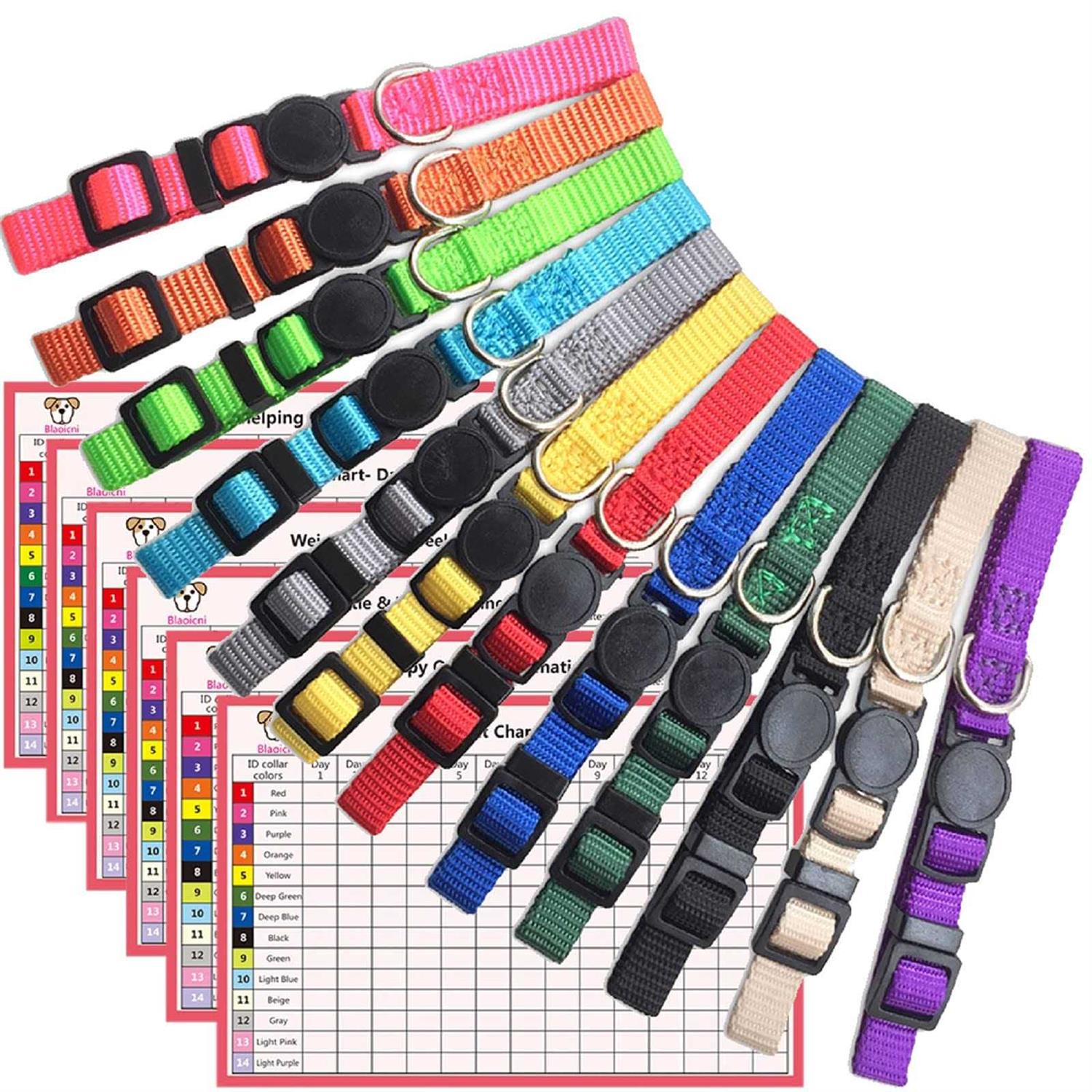 14PCS Puppy ID Collar Identification Soft Nylon Adjustable Breakaway Safety Whelping Litter Collars for Newborn Pets with Record Keeping Charts - Healthber