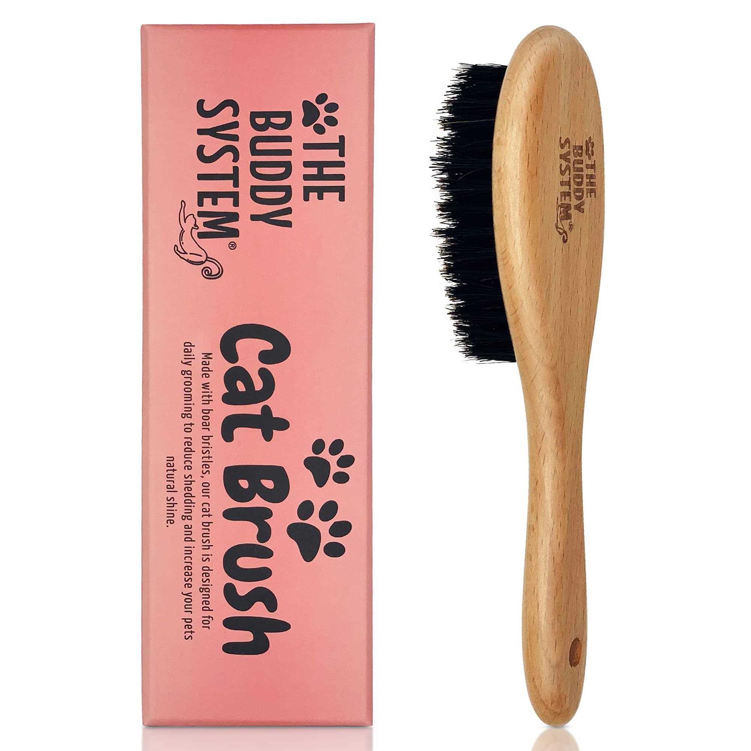 The Buddy System Cat Brush with Boar Bristle and Wooden Handle, Professional Grade Daily Grooming Hairbrush, Reduce Shedding, Soft Hair and Healthy - Healthber