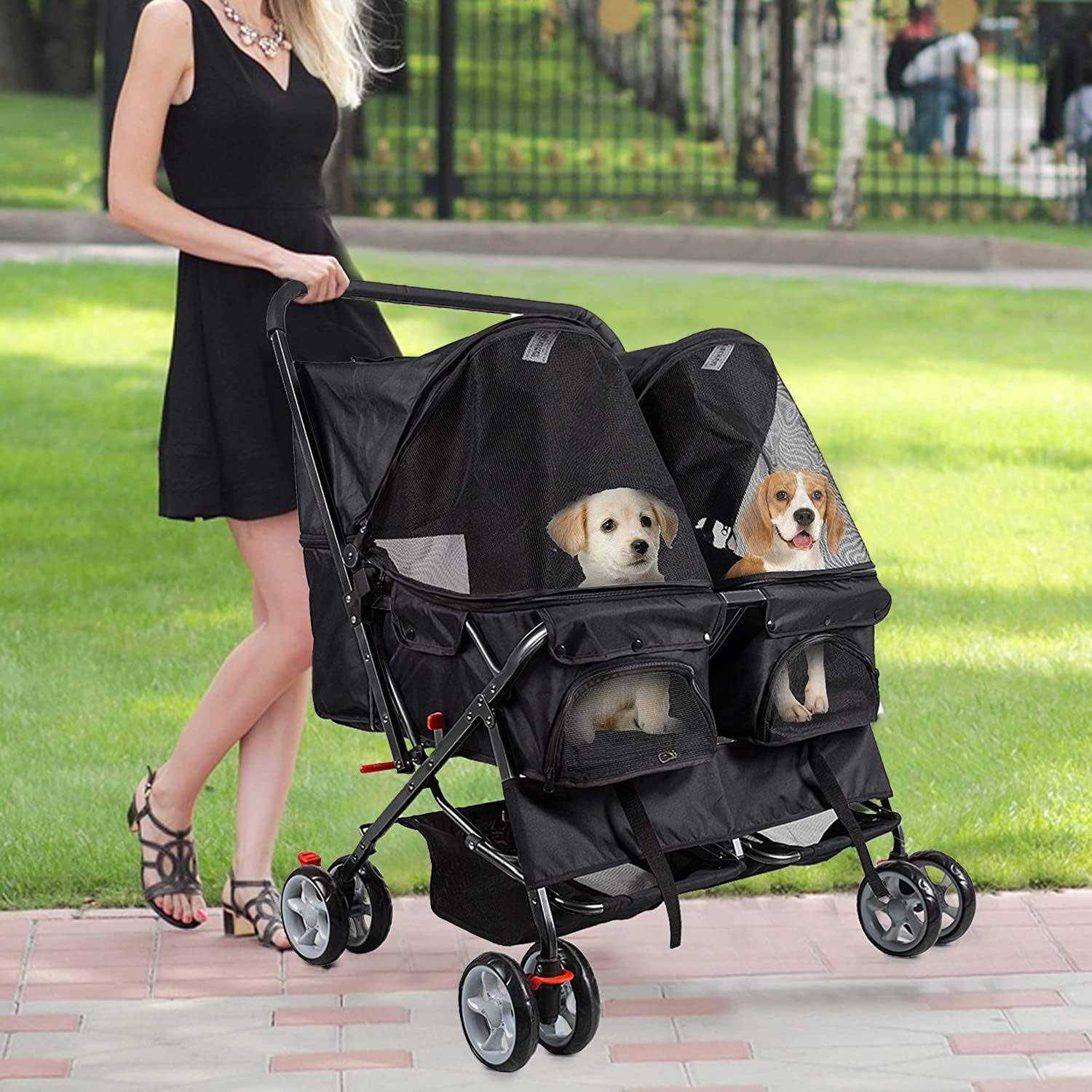 Dporticus Double Pet Stroller Foldable Stroller for 2 Dogs Cats Two-Seater Carrier Strolling Cart for Dog Cat and More Multiple Colors - Healthber