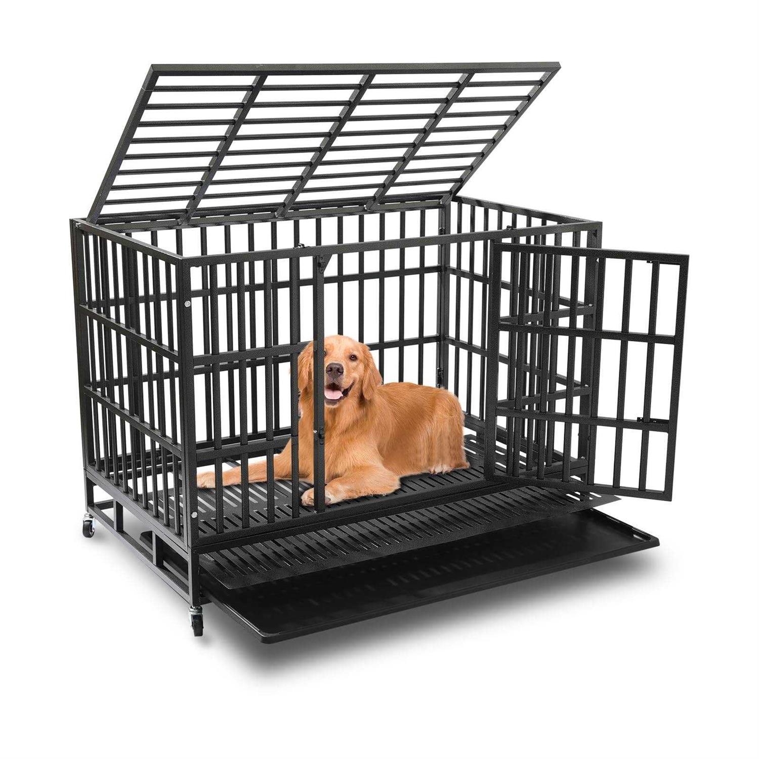 HAILANG 48 Inch Heavy Duty Dog Crate Cage Kennel with Wheels Indestructible Double Door Dog Crate with Removable Trays - Healthber