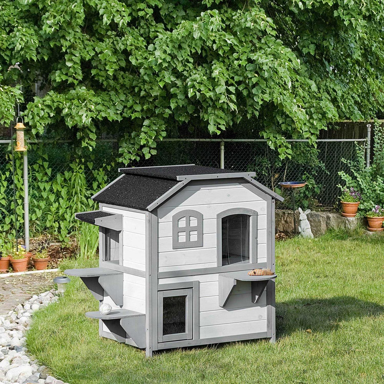 PawHut Wooden 2-Story Outdoor Cat House with Escape Door, Cat Openable Roof Platforms - Healthber