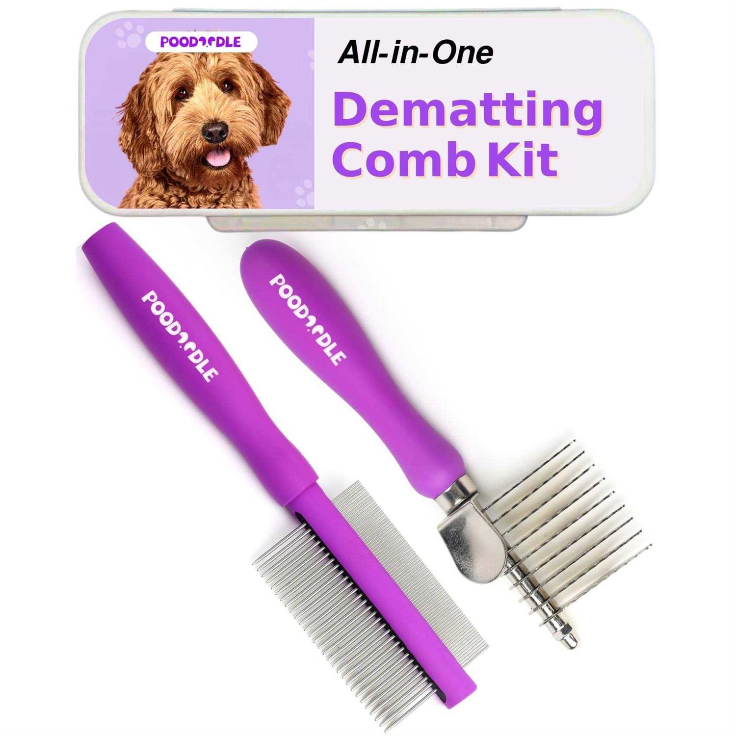 Poodoodle Pain-Free Dematting Comb Kit for Dogs & Cats Dematting Rake & Detangling Dual-Side Comb Set - Healthber