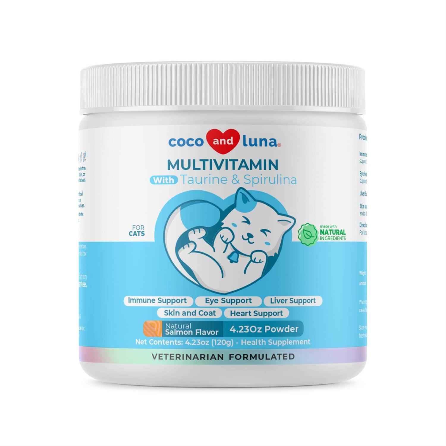 Coco and Luna 10 in 1 Multivitamin for Cats 4oz Powder L-Lysine, Taurine, and Spirulina for Immune Support and Eye Health - Healthber