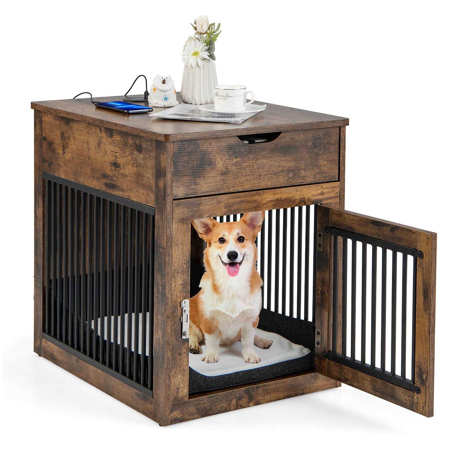 Costway 2-In-1 Furniture Dog Crate with Drawer Wired & Wireless Charging Side End Table - Healthber