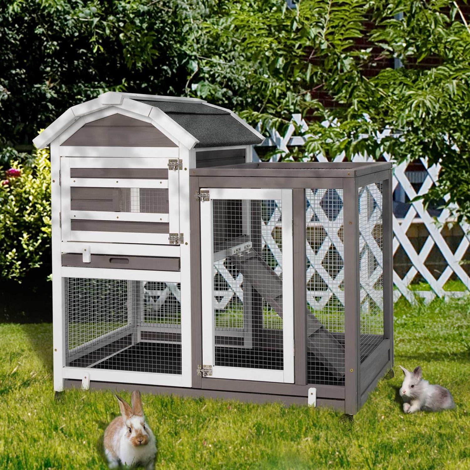 Petscosset 37.52 inch Rabbit Hutch Bunny Cage Guinea Pig House with Wheels Small Pet House for Guinea Pig Indoor & Outdoor, Gray, Size: 37.8L x 19.29W - Healthber