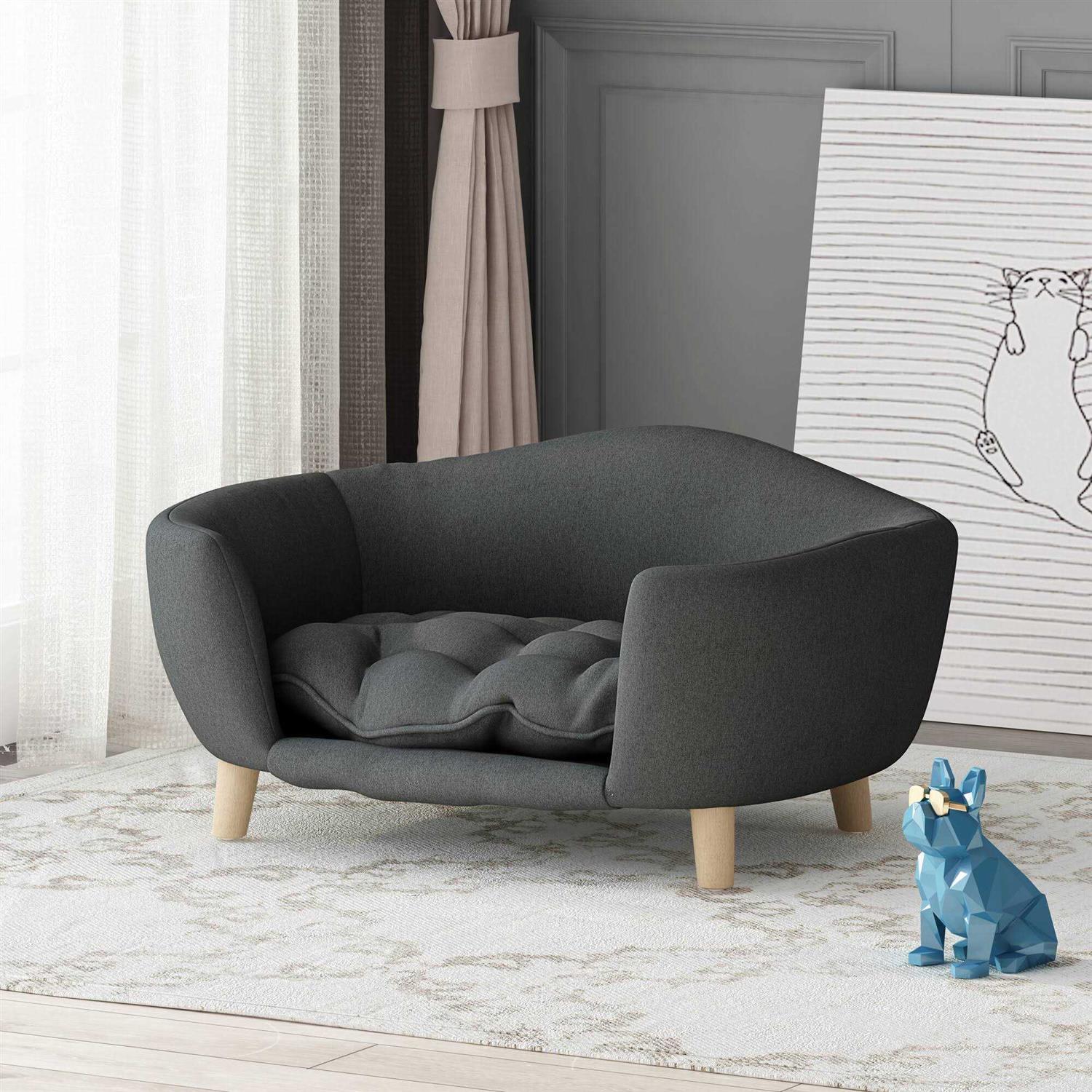 Noble House Ferncliffe Mid Century Small Plush Pet Bed, Dark Gray and Natural Finish - Healthber