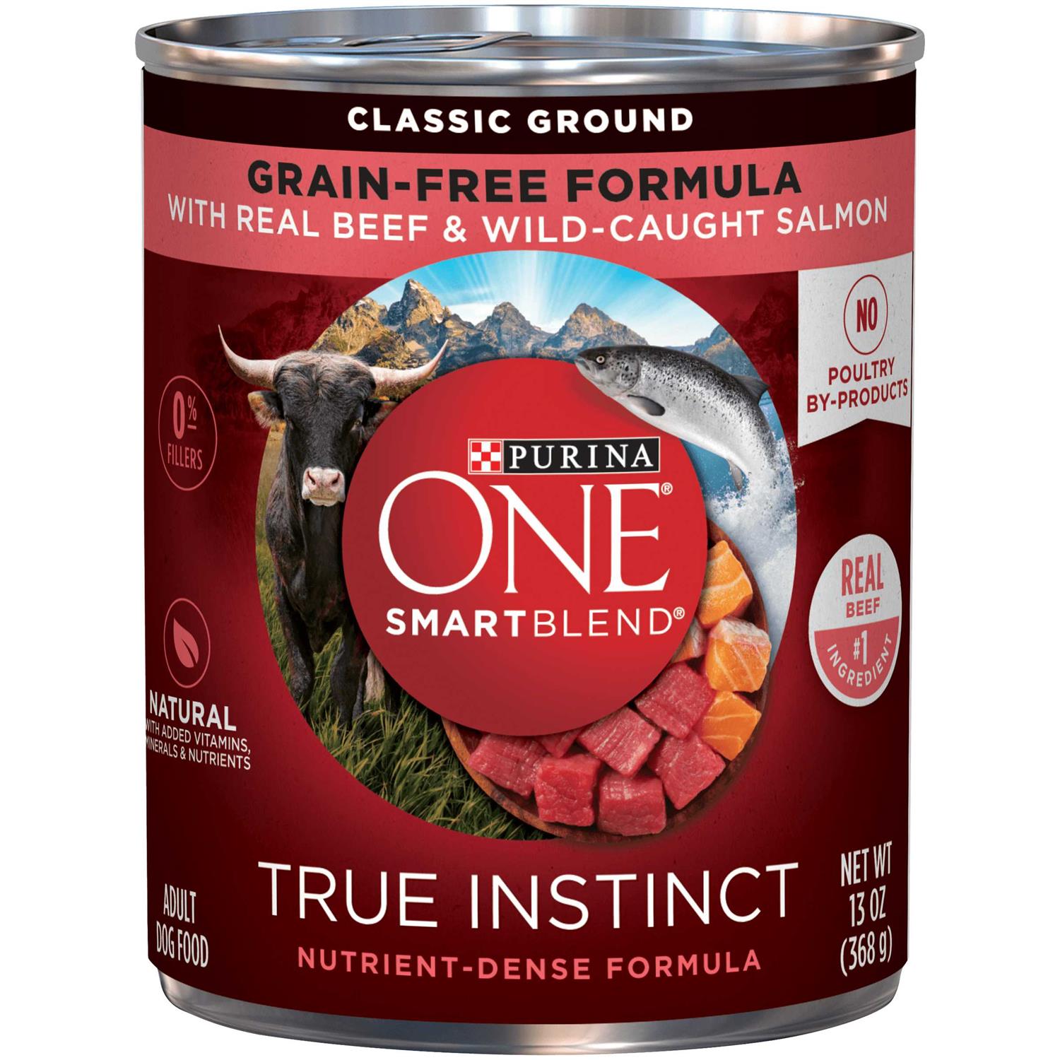 Purina ONE SmartBlend Grain-Free True Instinct Classic Ground with Real Beef & Wild-Caught Salmon Canned Dog Food, 13-oz, case of 12 - Healthber