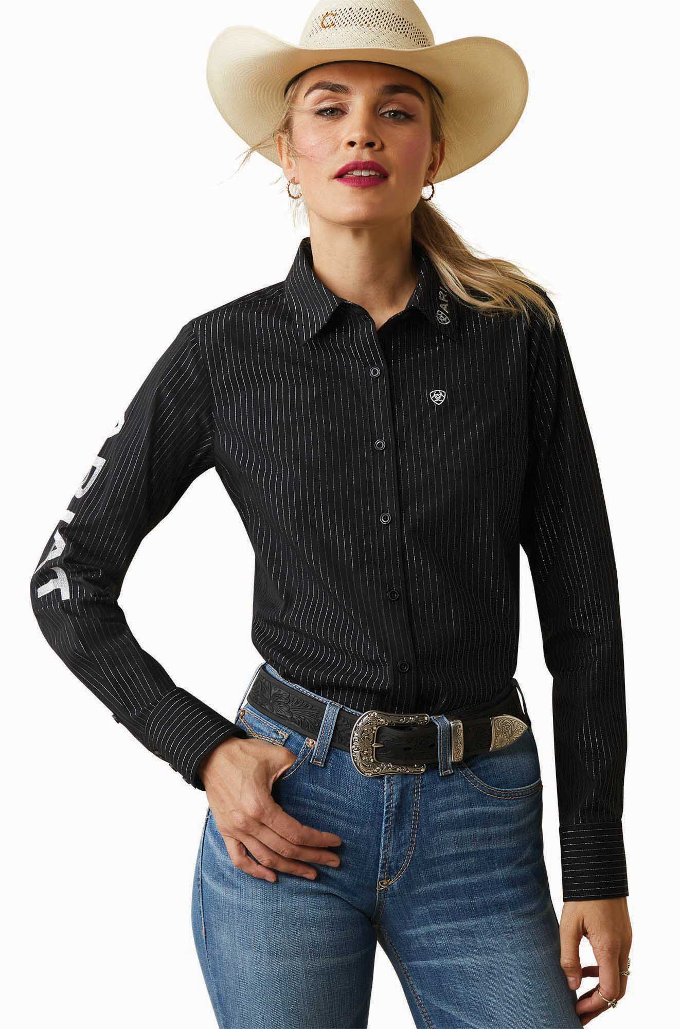 Ariat Women's Team Kirby Stretch Shirt, Black and Silver - Healthber