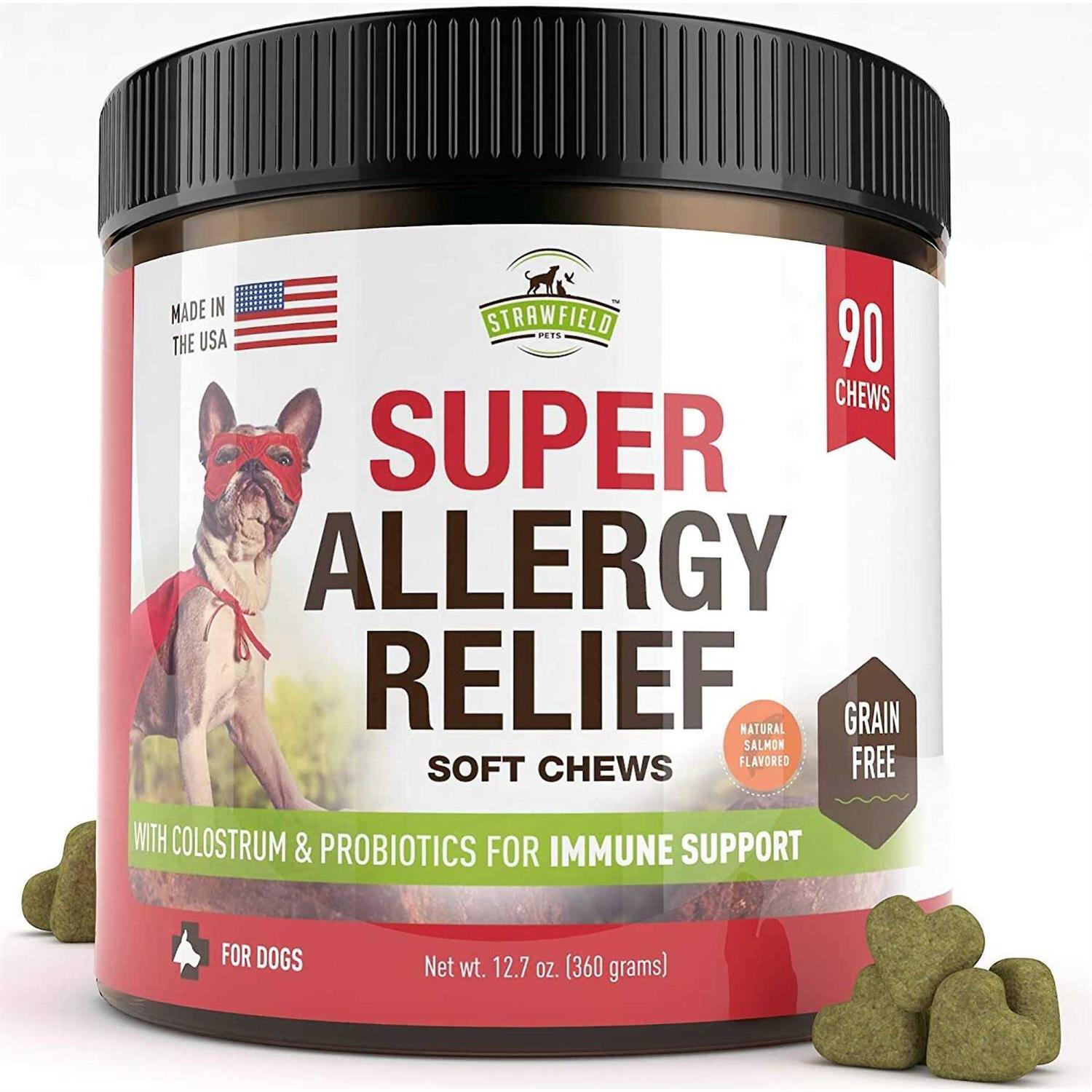 Strawfield Pets Super Dog Allergy Relief Soft Chews with Pre & Probiotics & Colostrum More Salmon Fish Oil for Dogs Natural Supplement for Dry Itch - Healthber