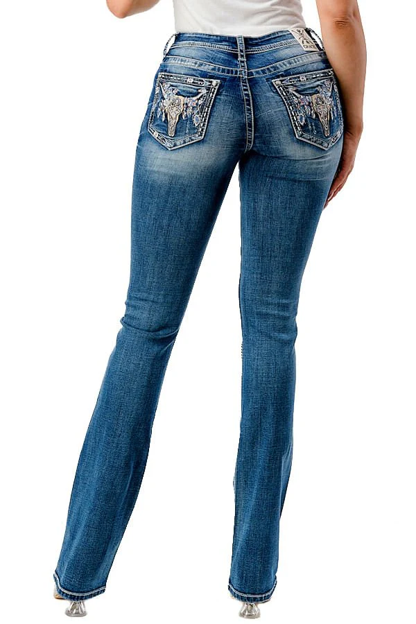 Grace in LA Steer Head Embroidered Mid Rise Bootcut Jeans - Healthber