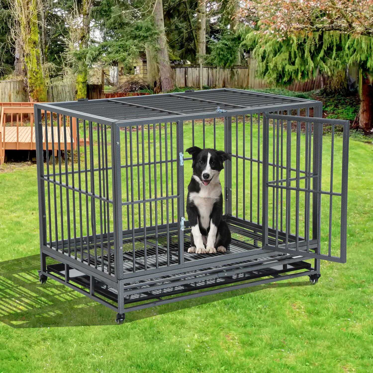PawHut Heavy Duty Dog Crate Metal Cage Kennel with Lockable Wheels, Double Door and Removable Tray - Healthber