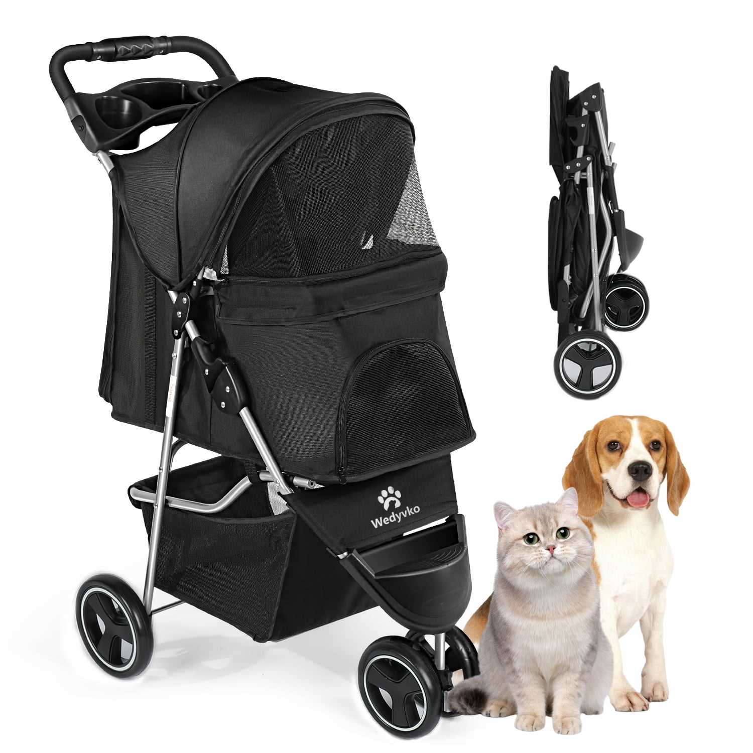 Pet Dog Stroller, Wedyvko 4 Wheels Foldable Dogs and Cat Strollers with Cup Holder for Small and Medium Cats, Dogs, Puppies (Black), Size: 23.6 x 16.9 - Healthber