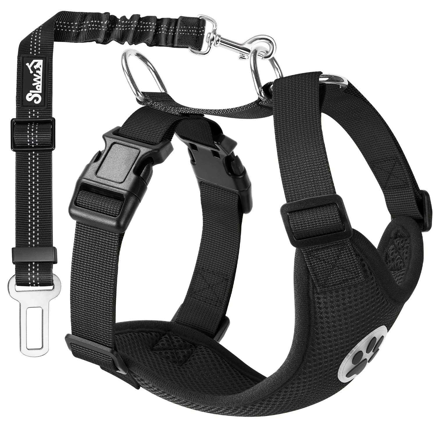 SlowTon Dog Car Harness Seat Belt Set Dog Vest Harness for Car Adjustable Mesh Breathable & Vehicle Safety Seatbelt Tether with Elastic Bungee - Healthber