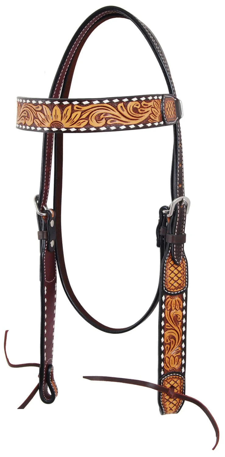 Rafter T Tooled Sunflower w/ Buckstitch Browband Headstall - Healthber