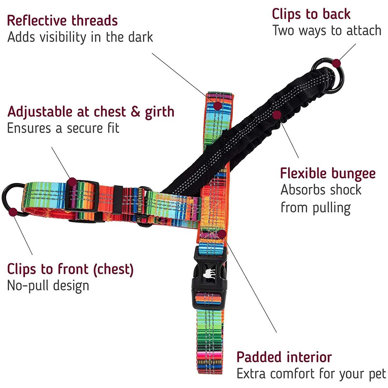 Leashboss Pattern Reflective No Pull Dog Harness with Bungee Handle, Rear and Front Clip Attachment - Healthber