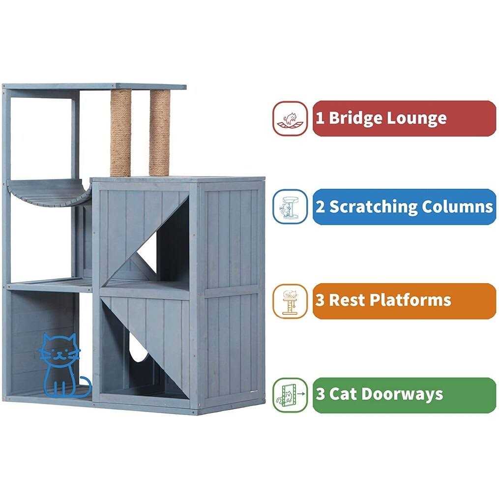 MCombo 43.5 inch Tall Solid Wood Cat House w/ Scratching Columns 0505 - Healthber