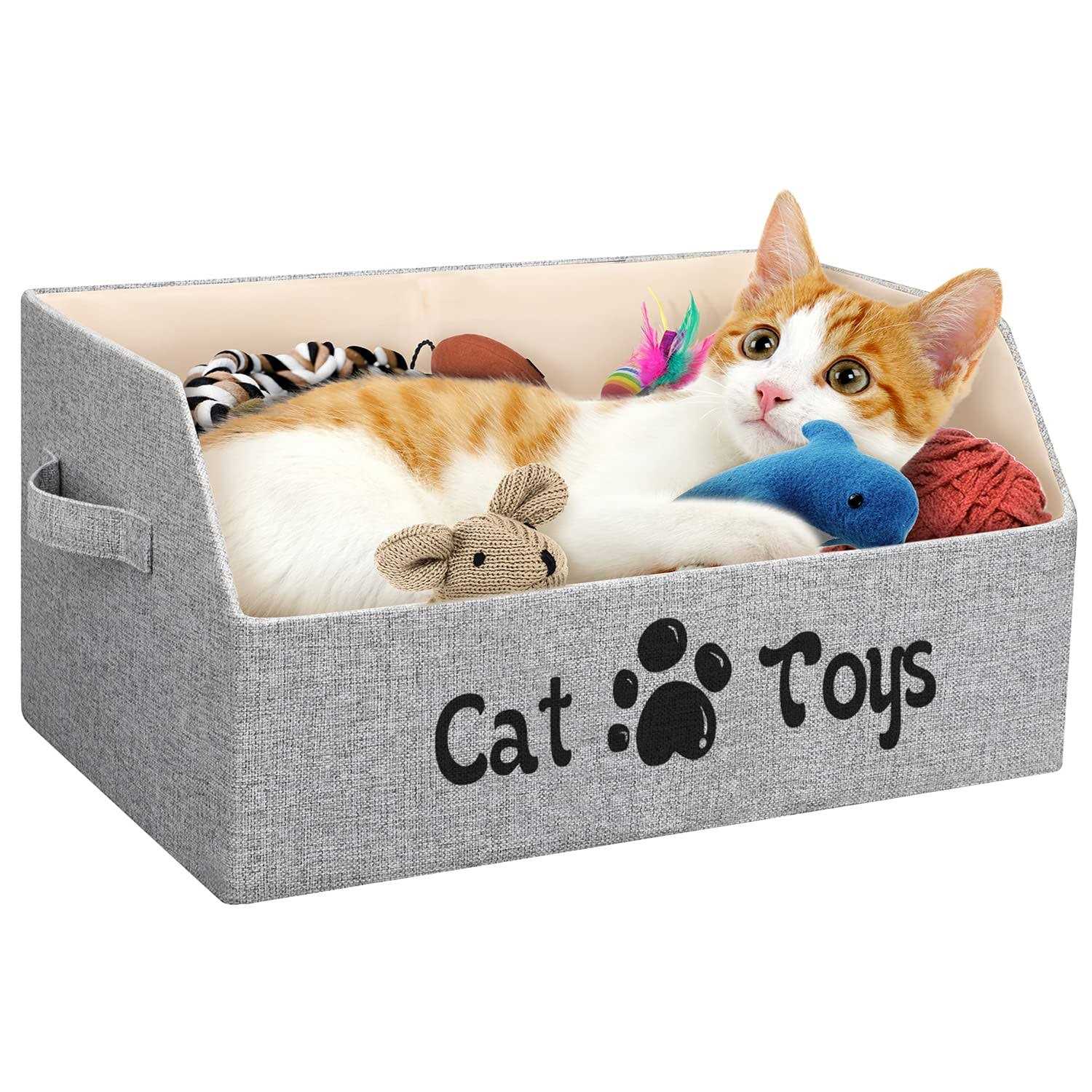 LOVSTORAGE Large Cat Toy Box Cat Toy Storage Basket 2X Thicker Foldable Sturdy Pet Toy Storage Bin Bed for Organizing Pet Toys Treats Clothes and - Healthber