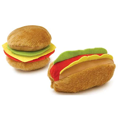 American Grill Time Plush Squeaker Dog Toys - Hamburger or Hot Dog - Healthber