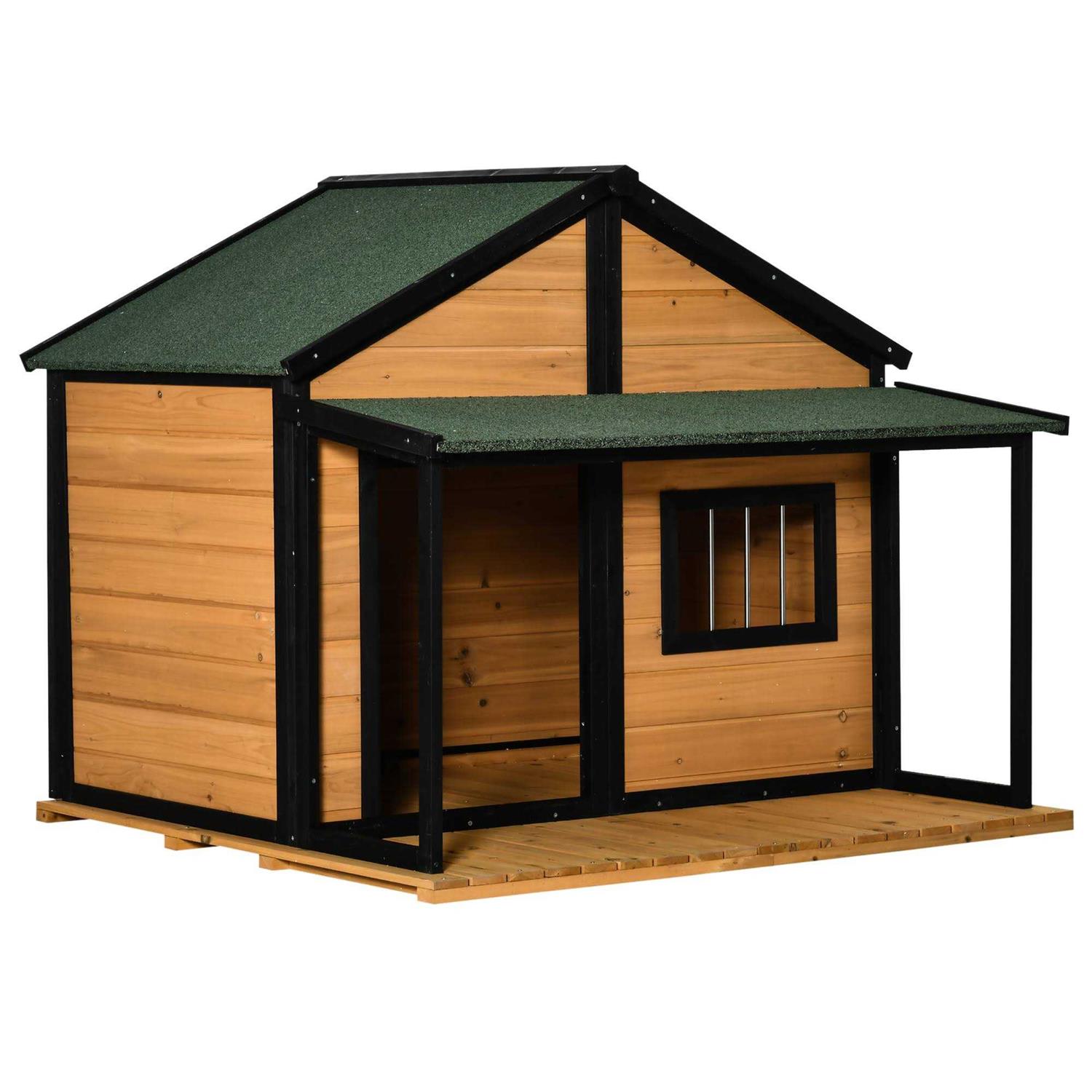 PawHut Outdoor Dog House Cabin Style Wooden Raised Pet Kennel with Asphalt Roof - Healthber