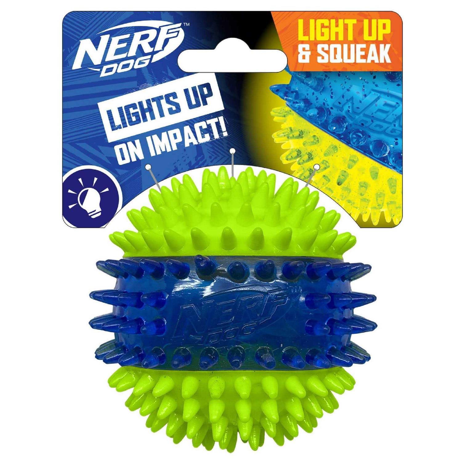 Nerf Translucent TPR 3-Part Spike LED & Squeak Ball Dog Toy - Healthber