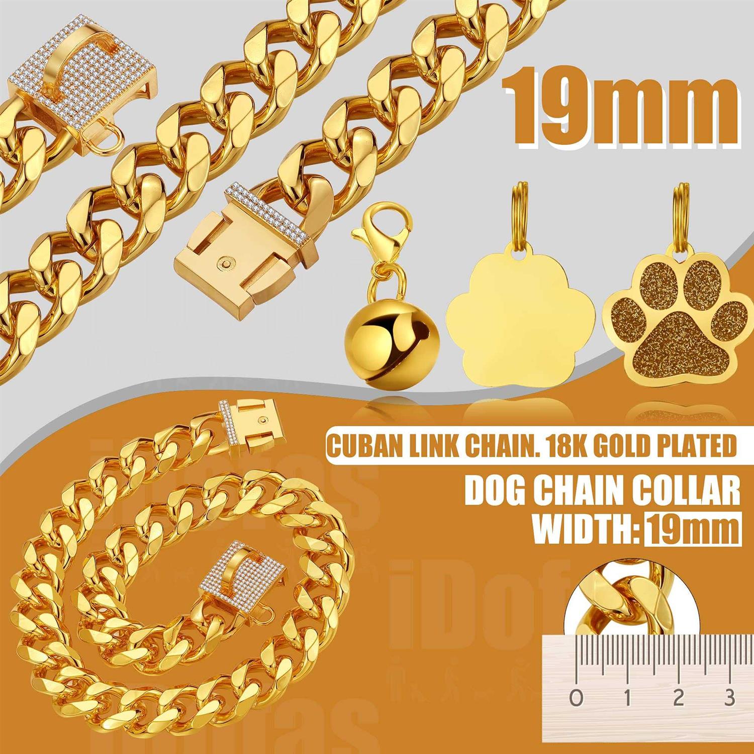 LuxLife Dog Chain Collar Designer Luxury Dog Collar Gold with CZ Buckle 19mm Cuban Link Dog Chain Metal Dog Collars for Puppy Small Medium Large - Healthber