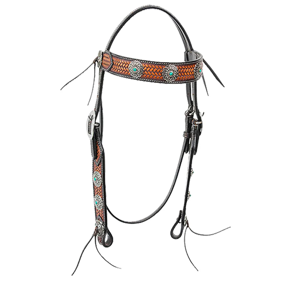 Cody Pro Turquoise Concho Browband Headstall with Basketweave Tooling - Healthber