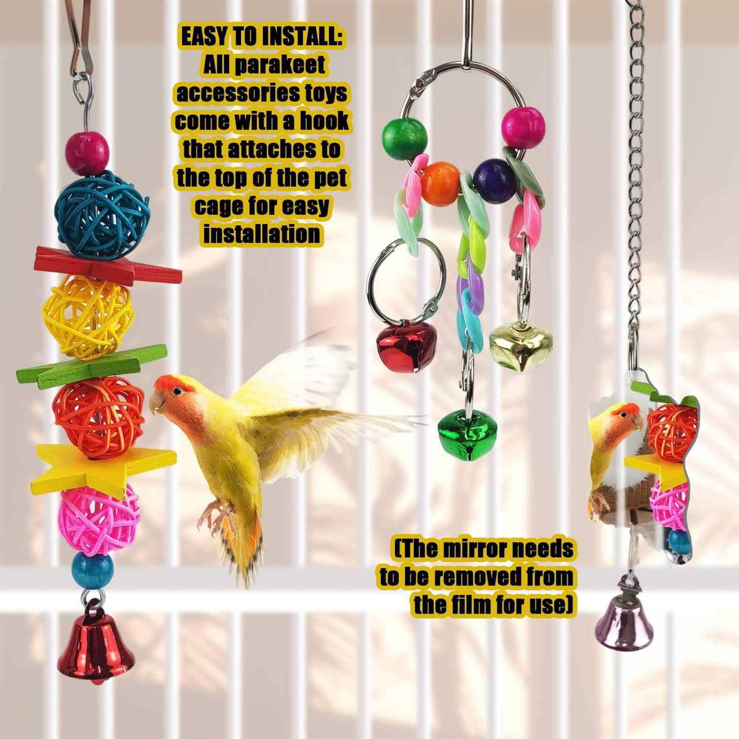 Xloey Parakeet Toys,7 Pcs Colorful Bird Toys for Parakeets,Pet Bird Cage Hammock Swing Climbing Ladders Chewing Toy Mirror Hanging Bell Wooden Perch - Healthber