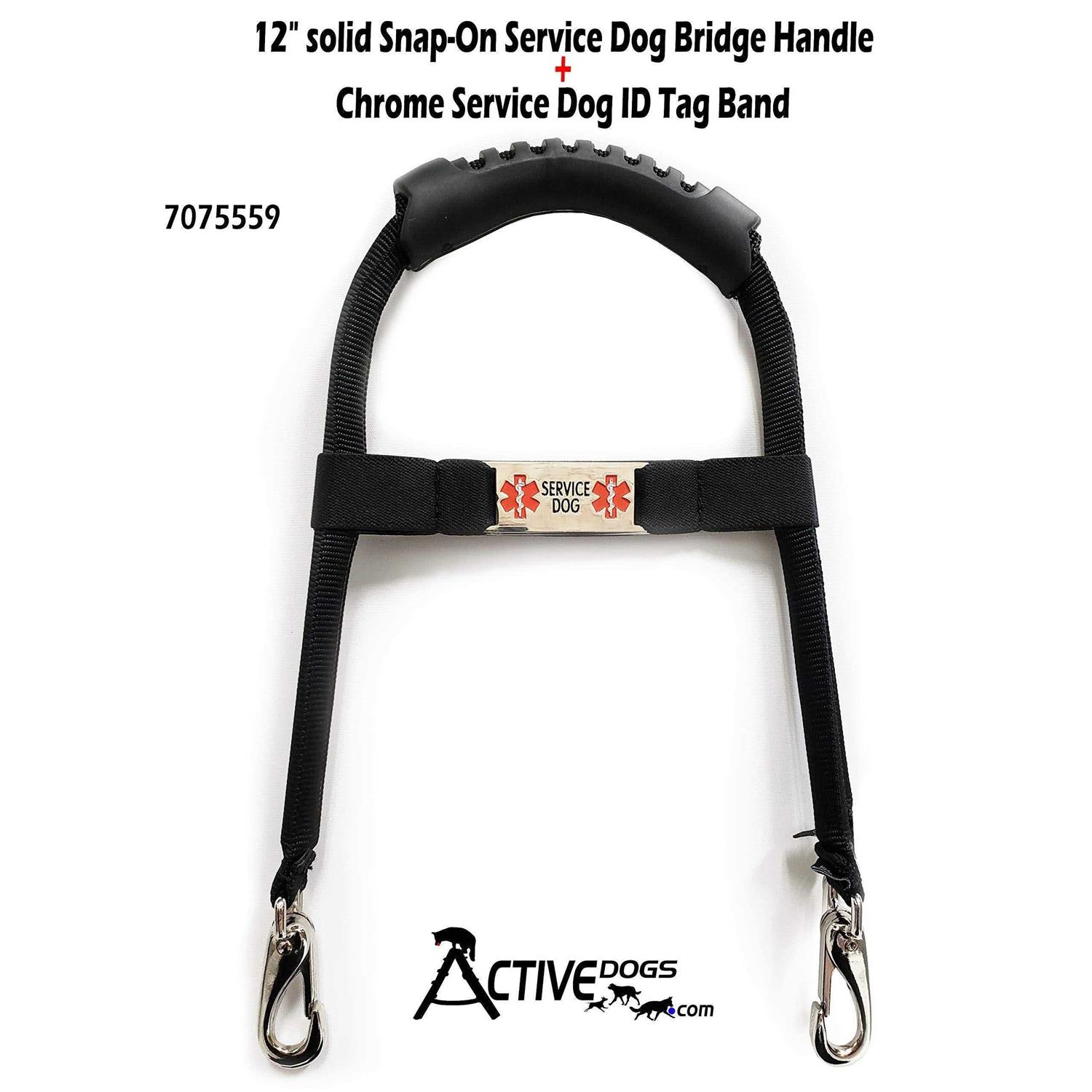 ActiveDogs Solid Core Aluminum Snap-On Service Dog Bridge Handle w Molded Rubber Handle Chrome Service Dog ID Tag Band - Healthber