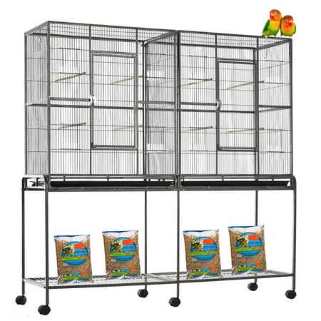 Large Double Flight Bird House Breeder Cage With Center Divider Side Breeding Nest Doors with Removable Rolling Stand Canary Parakeet Cockatiel - Healthber