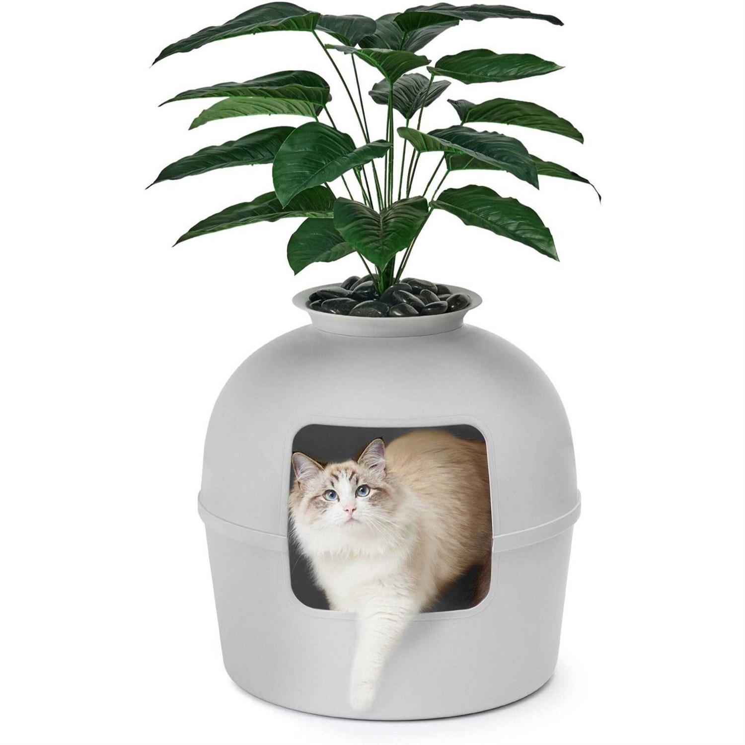 Secret Litter Box by Bundle & Bliss Hidden Litter Box Enclosure with Odor Control Carbon Filter, Faux Plant and Real Stones - Healthber