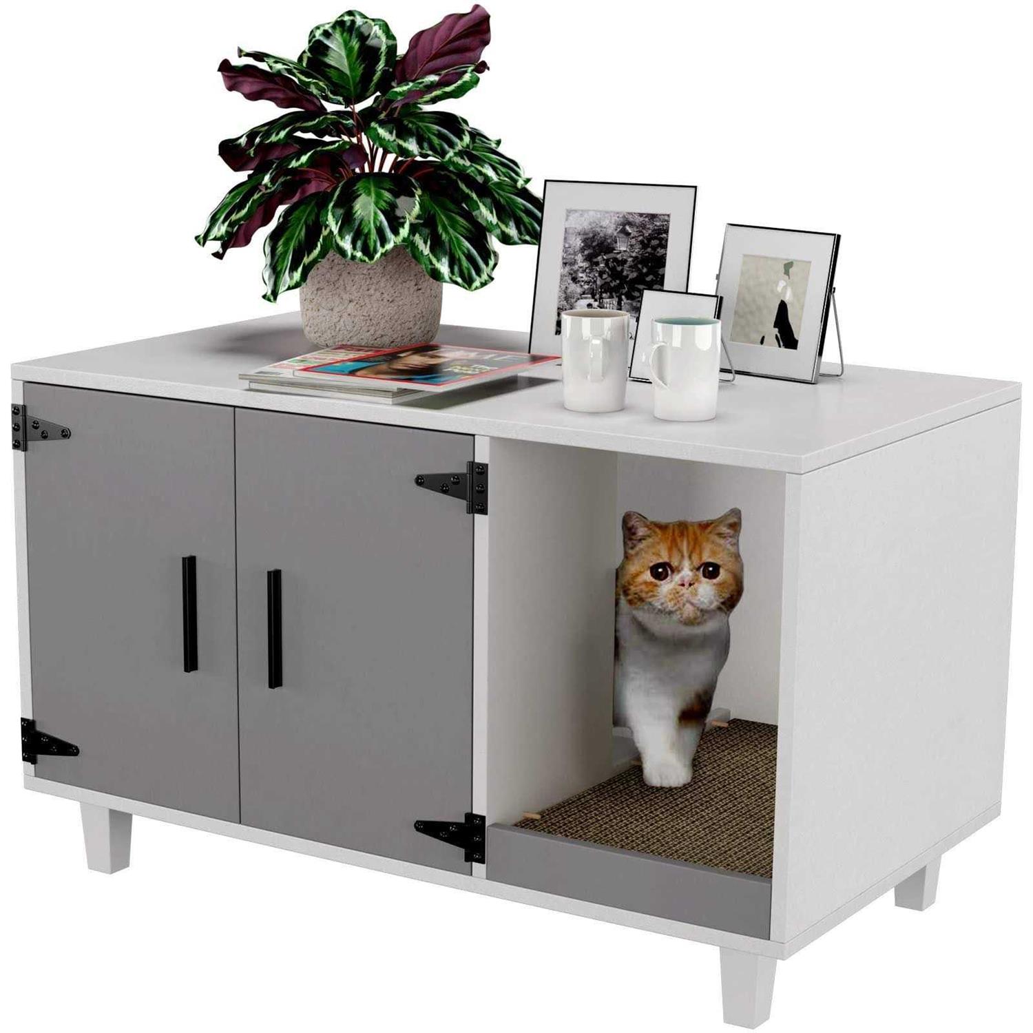 GDLF Modern Wood Pet Crate Cat Washroom Hidden Litter Box Enclosure Furniture House as Table Nightstand with Scratch Pad,Stackable - Healthber