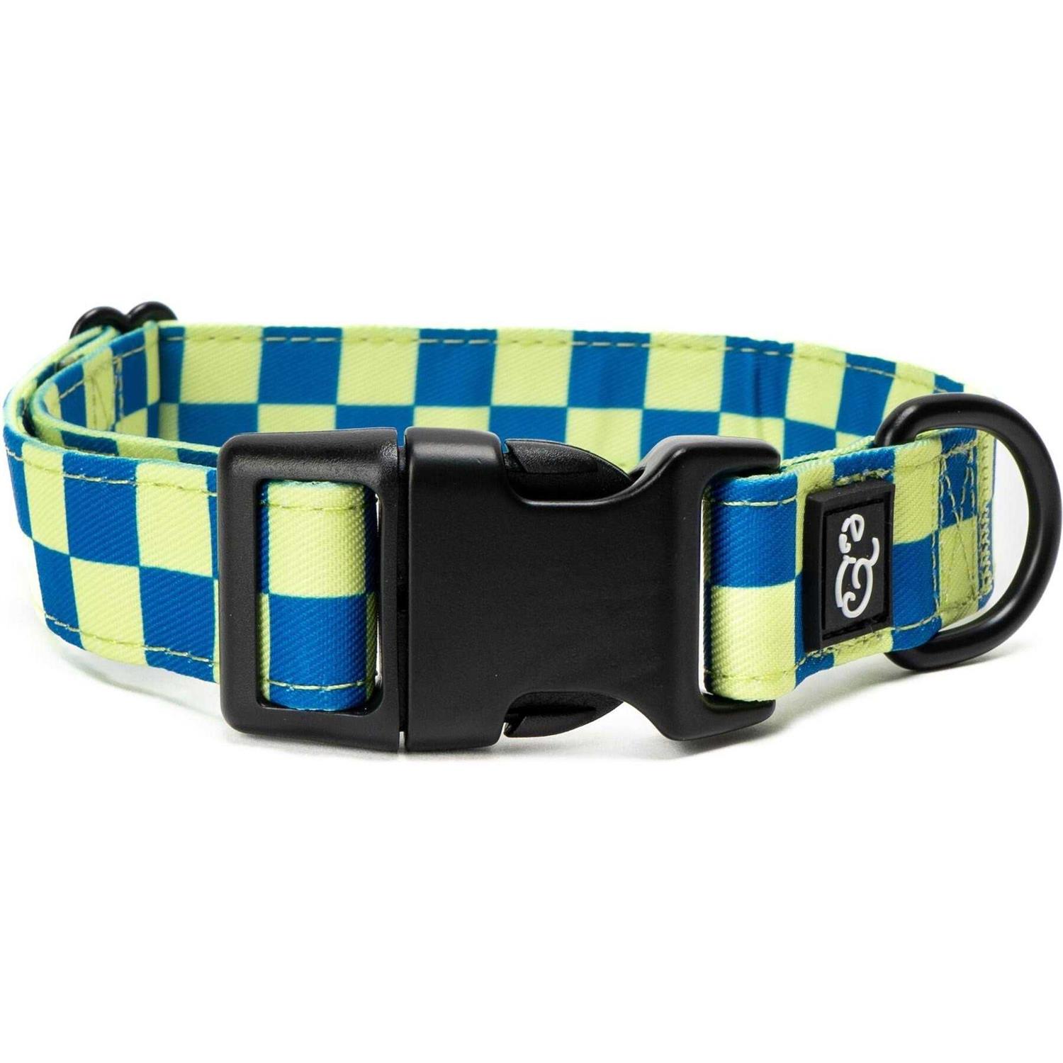 Lucy & Co. Have A Nice Day Dog Collar – Durable Lightweight Designer Collar for Pets – Adjustable Metal Safety Buckel – Lime Green Blue Checker – - Healthber