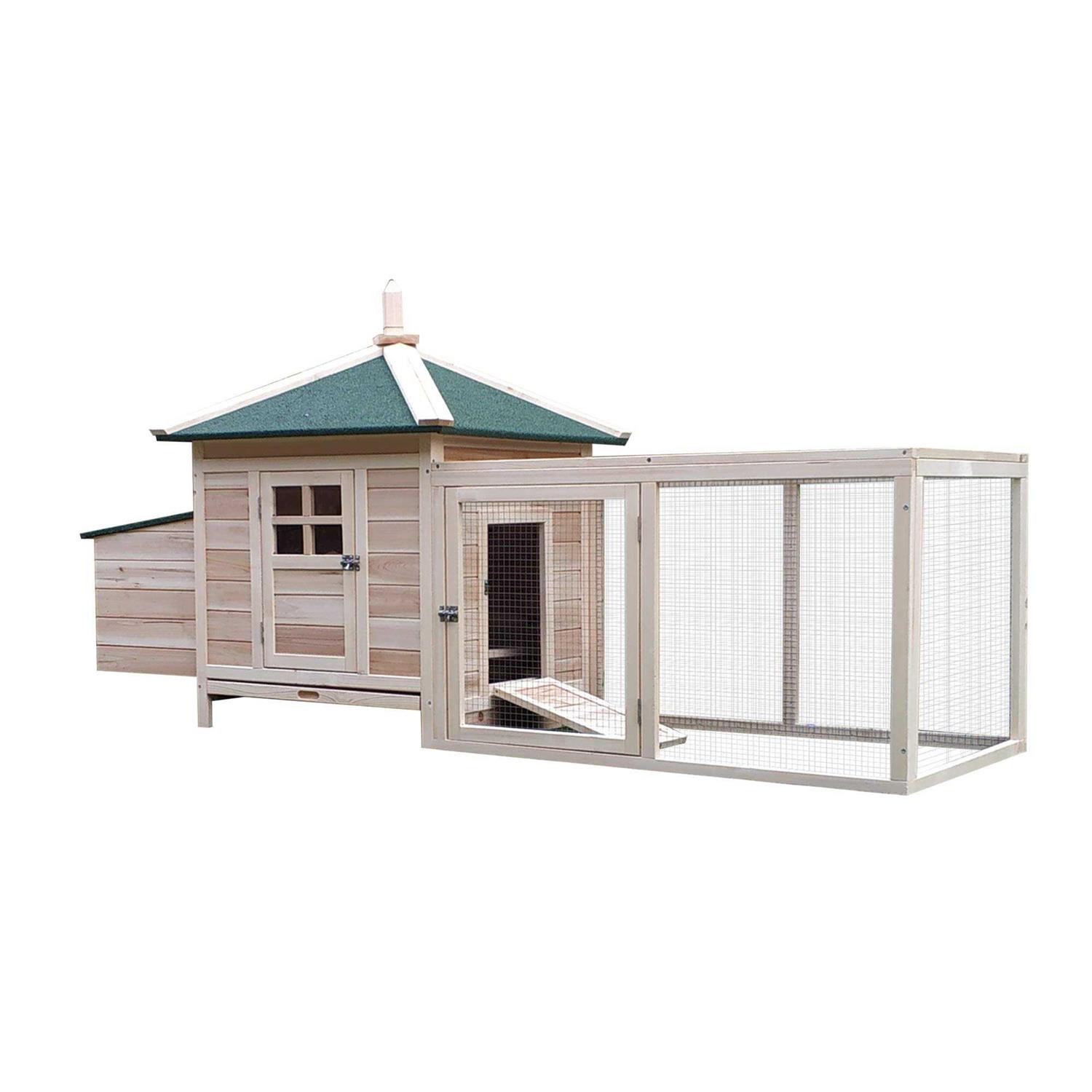 PawHut 77 Wooden Chicken Coop with Nesting Box Cute Outdoor Hen House with Removable Tray - Healthber