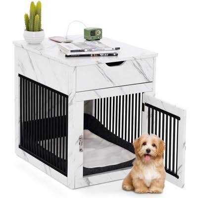 Costway 2-In-1 Furniture Dog Crate with Drawer Wired & Wireless Charging Side End Table - Healthber