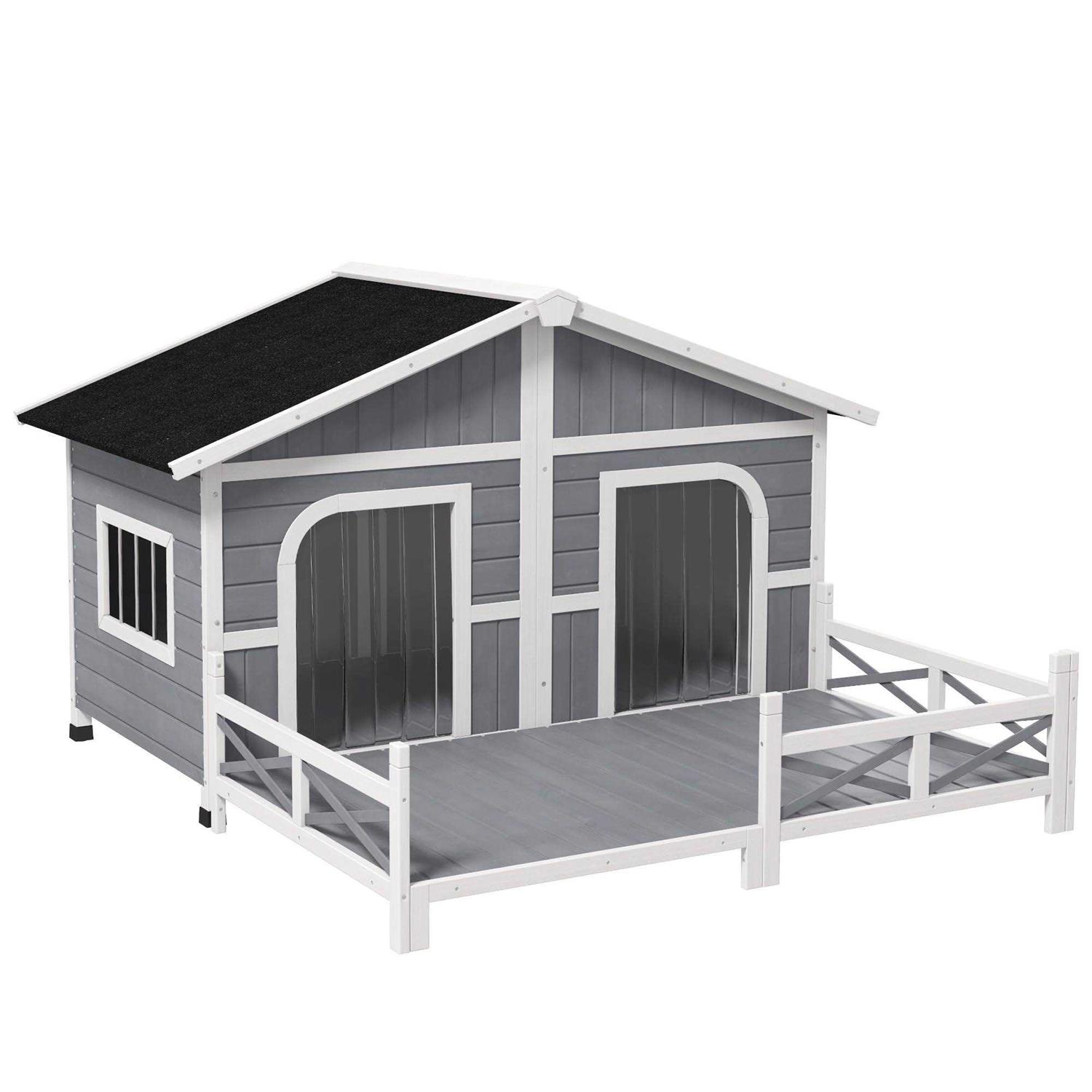 PawHut 59x64x39 Wood Large Dog House Cabin Style Elevated Pet Shelter w/Porch Deck - Healthber