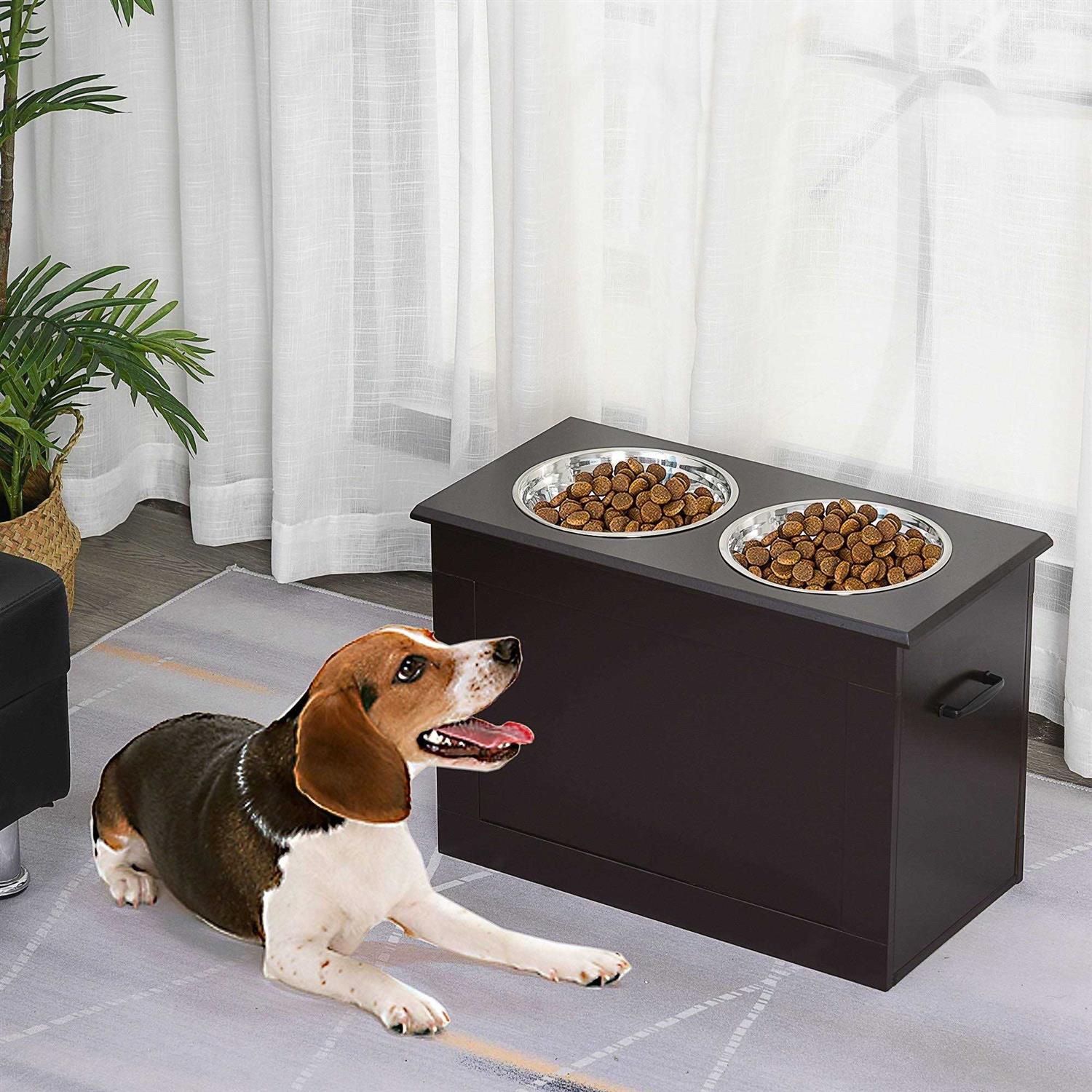 PawHut Raised Pet Feeding Storage Station with 2 Stainless Steel Bowls Base for Large Dogs and Other Large Pets - Healthber