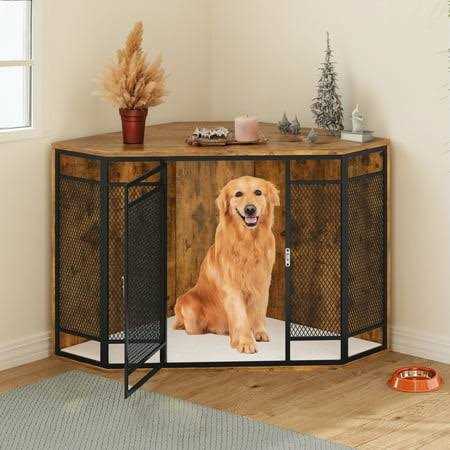 Dextrus Corner Dog Crate Furniture,Stylish 43.7-inch Wooden Dog Kennel with Sturdy Metal Mesh - Healthber