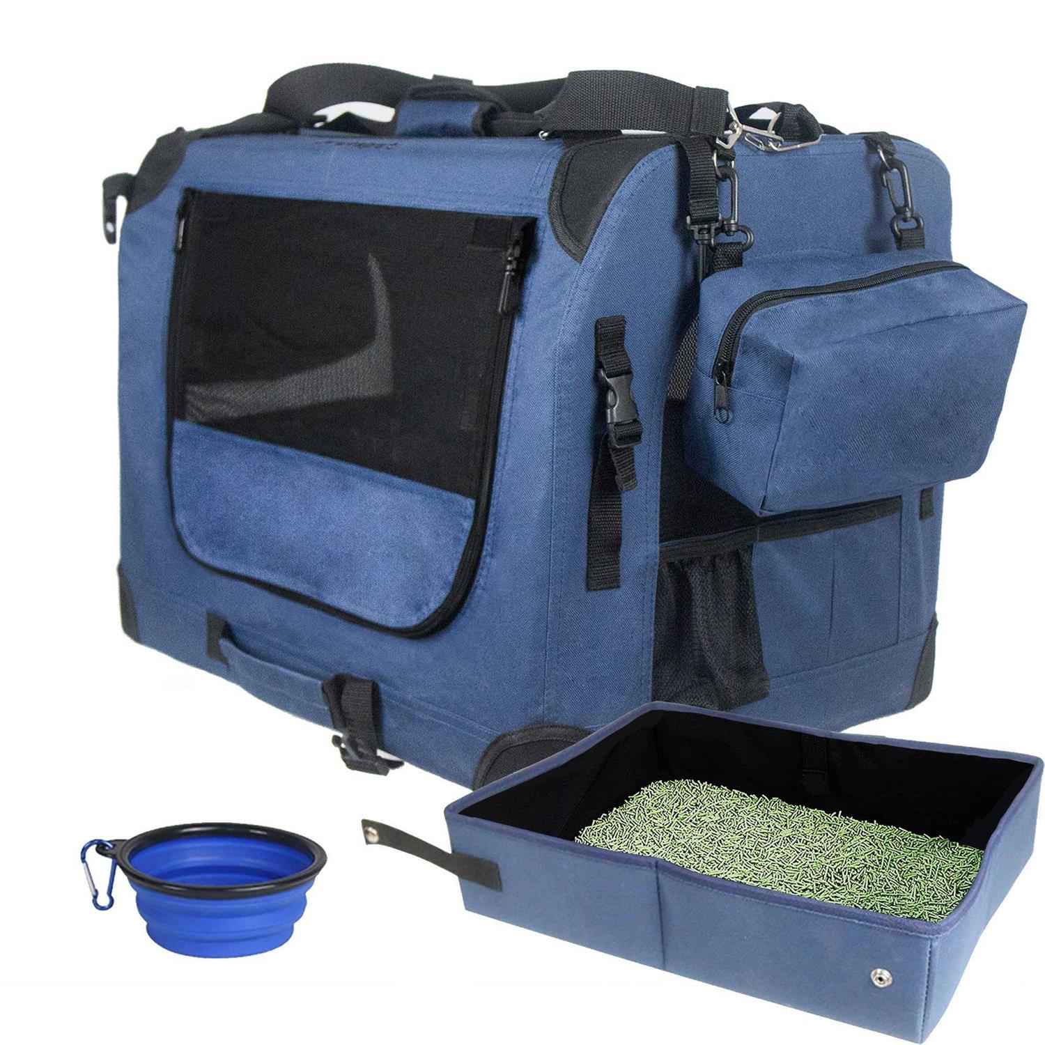 Prutapet Large Cat Carrier Soft-Sided Portable Pet Crate for Car Traveling with Collapsible Litter Box and Bowl - Healthber