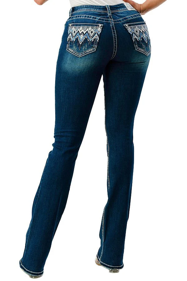 Grace in LA Aztec Embroidered Mid Rise Bootcut Jeans - Healthber