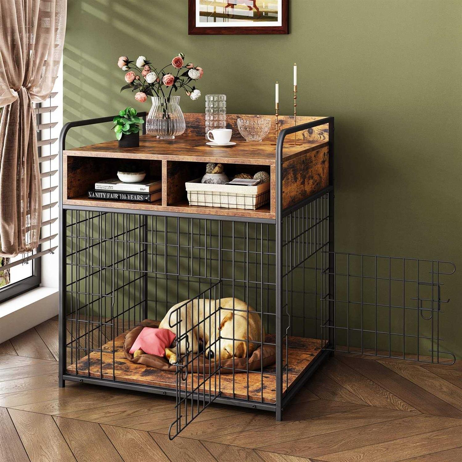 Saudism Dog Crate Furniture Dog Kennel Indoor Wood Dog Cage Table with Drawers Storage - Healthber